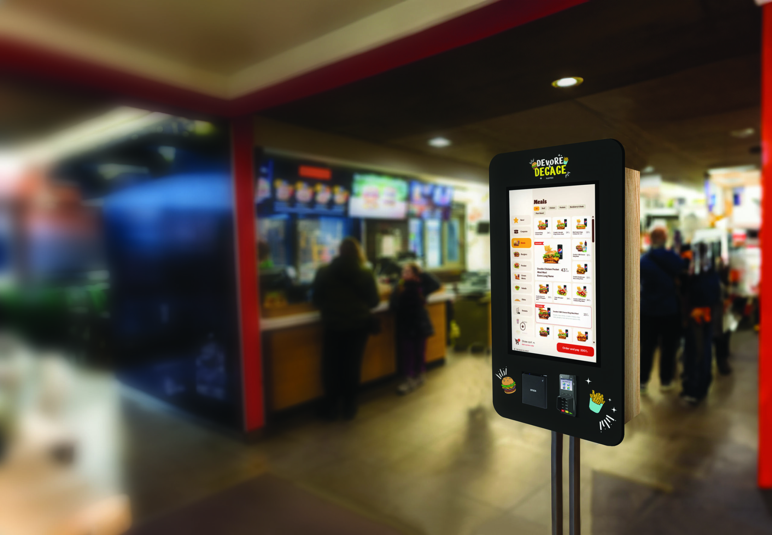 Self-service desk with touch screen in fast food restaurant